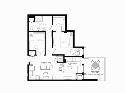 Floor plan for 1 bed, 1 bath, 952 sqft